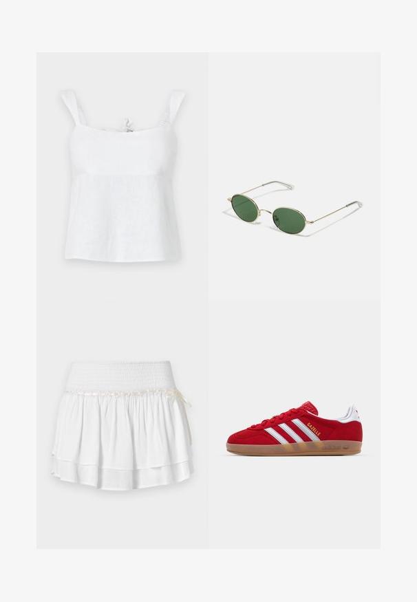 Hvid linned top med en afslappet pasform, der har justerbare skulderstropper og en bindebeslag ved halsudskæringen, glat tekstur og let design.; Hvid tiered nederdel med elastisk talje, der har en tekstureret smocking-detalje og en dekorativ båndaccent. Lavet af bomuldsstof.; Rød ruskinds sneakers med hvidt tre-stribedesign og guld "Gazelle" tekst. Har en gummisål og en tekstureret hæl.; Guldindfattede solbriller med grønne ovale glas og fine metalarme. Har klare plastikhætter på armene for komfort.; Vævet stråkurv med brune læderdetaljer, to håndtag og en aftagelig rem. Buet form med en robust bund.