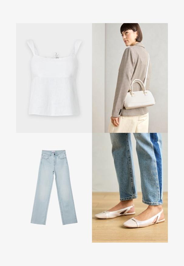 Witte linnen top met een ontspannen pasvorm, voorzien van verstelbare schouderbanden en een strikdetail bij de halslijn, gladde textuur en lichtgewicht ontwerp.; Lichtblauwe wijde jeans van denim. Bevat vijf zakken, een knoopsluiting en vervaagde details. Klassieke rechte snit met een losse pasvorm.; Zachtroze slingback ballerina's met een spitse neus, gemaakt van een glad leerachtig materiaal. Bevat uitsnijdingen aan de zijkanten en heeft een platte hak.; Witte gestructureerde handtas met korte handvatten en een schouderband, voorzien van gouden hardwareaccenten en een textuurmateriaal, tentoongesteld tegen een grijze achtergrond.