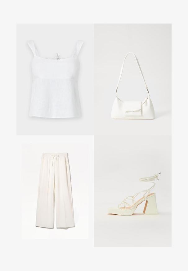 Biely ľanový top s voľným strihom, ktorý má nastaviteľné ramienka a detaile viazania na výstrihu, hladkú textúru a ľahký dizajn.; Biele široké nohavice vyrobené z ľahkého materiálu, s elastickým pásom, šnúrkou a bočnými vreckami bez viditeľných vzorov.; Biele sandále na vysokom opätku s hrubým podpätkom, s pruhovaným dizajnom a viazaním na členku. Hladký povrch s platformou vpredu pre zvýšenú výšku.; Biela syntetická kabelka s trojuholníkovým tvarom, plochým predným klapkou a detailom mašle, nastaviteľným popruhom, hladkou textúrou a minimalistickým dizajnom.