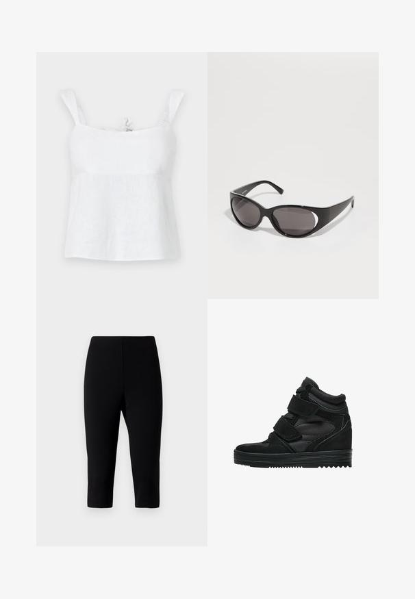 Witte linnen top met een ontspannen pasvorm, voorzien van verstelbare schouderbanden en een strikdetail bij de halslijn, gladde textuur en lichtgewicht ontwerp.; Zwarte capri broek gemaakt van rekbaar materiaal, met een getailleerd ontwerp dat net onder de knie eindigt, met een gladde textuur en geen zichtbare naden.; Zwarte hoge sneakers van suede en gaas, met klittenbandsluitingen, een gladde afwerking en een gestructureerde rubberen zool voor grip.; Zwarte zonnebril met ovale lenzen en een slank ontwerp. Het montuur is glanzend en breed, met een uitsnijding aan de zijkanten.; Zwarte lederen handtas met gevlochten handvatten, ritsvak en hangende franjes. Gelaagde oppervlakte met metalen studs en hardwareaccenten.
