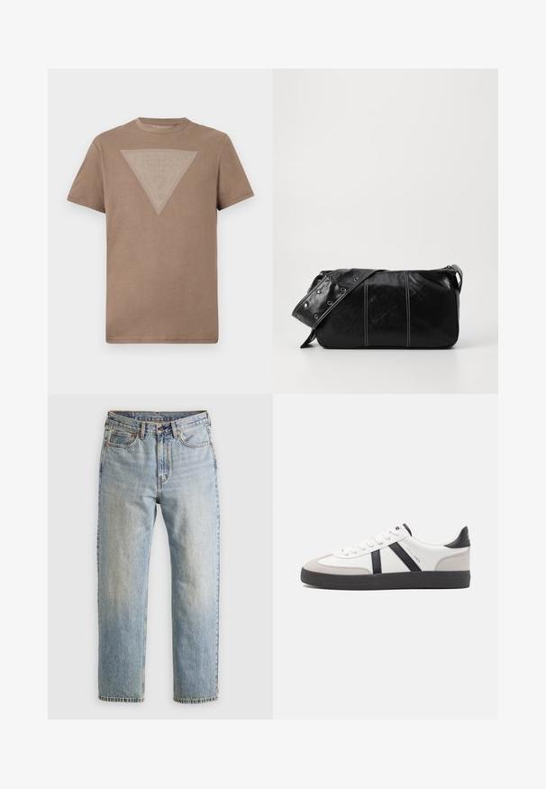 En ensfarget brun kortermet t-skjorte med et stort invertert trekantgrafikk av fine hvite vertikale linjer på brystet.; Lys blå denim jeans med høy midje, frontknapp, glidelås og fem-lommers design, lagt flatt på en nøytral bakgrunn.; Hvite sneakers med svarte og grå detaljer, med en teksturert grå tåhette, svart gummisåle, og flate hvite lisser. Rent design, minimalistisk stil.; Svart lær skulderveske med glidelås, med teksturert overflate, hvite sømmer og en stropp med sølvringer.