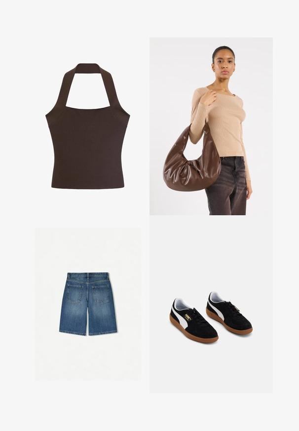 Top halter marrone realizzato in tessuto liscio e testurizzato, con un corpo aderente e spalline larghe che si collegano al collo e alla schiena.; Shorts in denim blu medio con vestibilità rilassata, dotati di due tasche posteriori e orlo dritto e pulito. Design classico a cinque tasche.; Sneaker in suede nero con una striscia laterale bianca, design con lacci e suola in gomma color miele. Dettaglio del logo dorato sul lato.; Borsa hobo in pelle marrone con un design morbido e una texture liscia. Indossata casualmente da un modello, presenta un'ampia apertura e una forma rotonda.