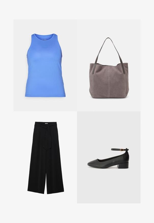 Blå idrottstopp i tankmodell med en slät textur, rund halsringning och något figurnära passform. Har en subtil logotyp på framsidan.; Svarta vida byxor med texturerad tyg, elastisk midja och en avtagbar käppknut i midjan för justerbar passform.; Svart läderpump med spetsig tå och en låg klack. Har en ankelsnodd med en guldtonad spänne. Slät textur.; Grå mocka tote-väska med två mörka läderhandtag. Har sömnadsdetaljer på sidorna, mjuk textur och en rymlig öppning.