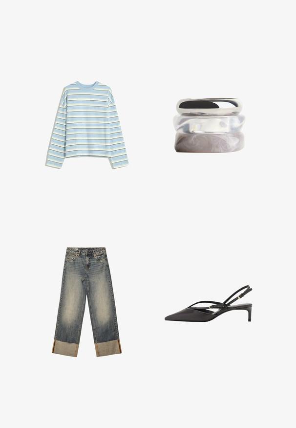 Sininen pitkähihaisen paita, jossa on vaakaraitoja valkoisena ja tummansinisena. Ominaisuuksiin kuuluu pyöreä kaula-aukko ja rento istuvuus pehmeällä kangasrakenteella.; Farkut sinisen haalistuneen pesun kanssa, leveät lahkeet, käännetyt helmat ja kontrastiväriset tikkaukset. Sisältää klassisen viisi taskun tyylin.; Mustat nahkaiset slingback-korkokengät, joissa on terävä pää, hoikat nilkkahihnat ja matala stiletto-korko. Sujuva pinta ja minimalistinen muotoilu.; Kolme pinottua rengasta, joiden pinnat ovat sileitä: hopeanvärinen metallirengas, kirkas läpinäkyvä rengas ja marmoroitu vaaleanharmaa rengas.