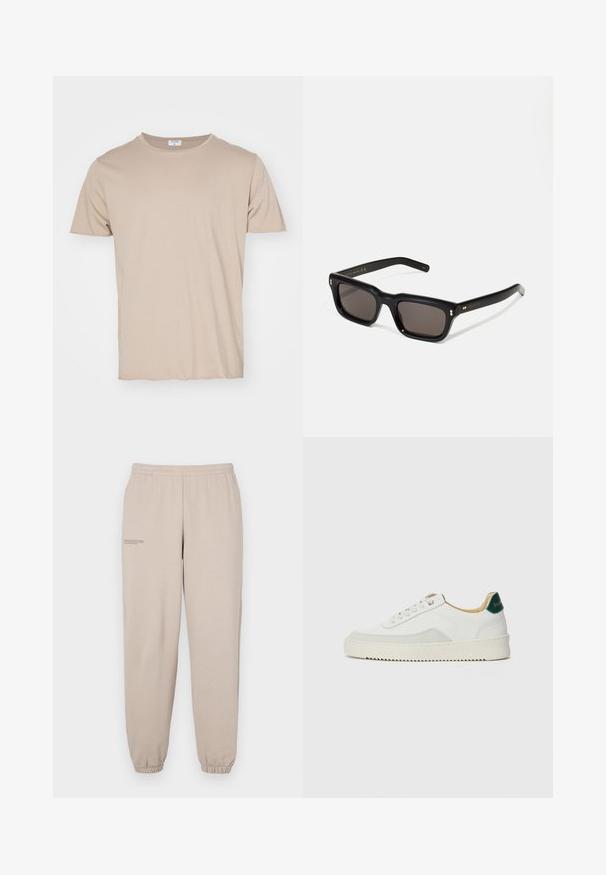 Filippa K ROLL NECK TEE - Jednoduché tričko - faded khaki; Bežové tepláky vyrobené z měkké tkaniny, které mají elastický pas a manžety, s malým potiskem na levé noze.; Bílé tenisky se semišovými prvky, kulatou špičkou, plochými tkaničkami a krémovou gumovou podrážkou. Na patě mají zelené logo.; Černé obdélníkové sluneční brýle s tmavými skly, silným plastovým rámem, zlatými akcenty na spáncích a vyrytým logem značky na nožičce.