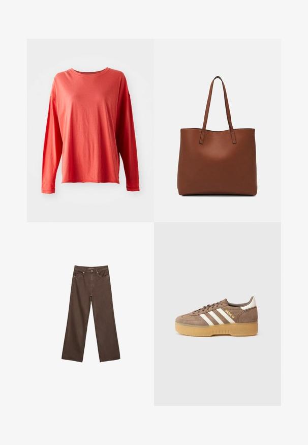 T-maica z dolgimi rokavi koralno rdeče barve s krojnim izrezom, ohlapnega kroja in vidno šivanjem na rokavih in robu, prikazana na beli podlagi.; Široke rjave kavbojke iz denima, ki imajo visok pas, sprednje žepe in klasično zapiranje na gumb. Gladka tekstura s subtilnim šivom.; Rjava semiš superga z tremi belimi črtami, zlatim logotipom in teksturiranim gumijastim podplatom. Zaobljena kapica in oblazinjen ovratnik za udobje.; Rjava usnjena torba z gladko teksturo, odprto zasnovo zgoraj in dvema naramnima trakovoma. Opremljena je z minimalnim šivanjem in brez vidnih kovinskih delov.