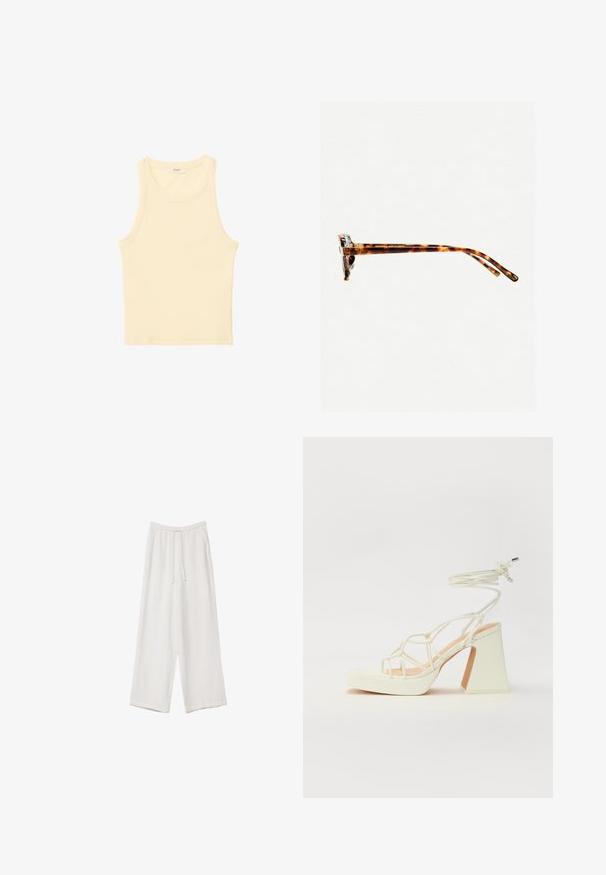 Lysegul, ærmeløs top i ribbet stof. Har en rund halsudskæring og lige skæring, uden synlige mønstre eller dekorationer.; Hvide bukser med bred benlængde lavet af et letvægtsstof. Har et elastisk talje med snor og sidelommer. Glat tekstur.; Hvide højhælede sandaler med en kraftig hæl, der har et stropdesign og ankelbinding. Glat tekstur med en platform foran for ekstra højde.; Skildpaddemønstret solbriller med en tyk ramme, let buede stænger og glat overflade. Har et klassisk design med en blank finish.