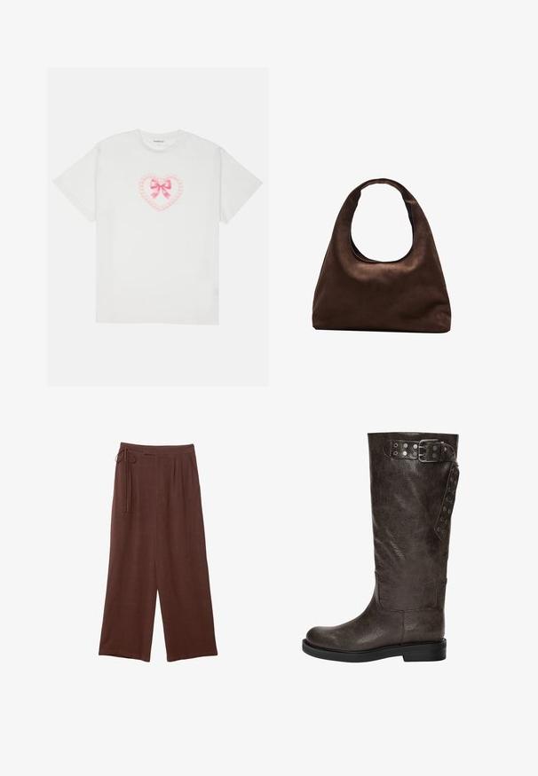 Bílá bavlněná tričko s růžovým srdíčkem, které je zdobeno mašlí a řetězovými detaily. Krátké rukávy a kulatý výstřih. Měkká textura.; Hnědé široké nohavice s elastickým pasem, zdobené sklady a měkkou texturou, vyrobené z lehkého materiálu.; Hnědé kožené vysoké boty k kolenům s texturovaným povrchem, se sponou a cvočkovými detaily na boku, a plochou gumovou podrážkou.; Měkká hnědá kabelka ve stylu hobo s jedním širokým popruhem a zakřiveným horním otvorem, vystavená na bílém pozadí.