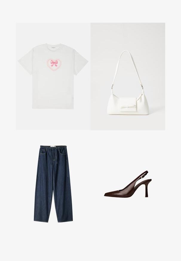 Biela bavlnená tričko s ružovým srdcovým dizajnom a detaily v podobe stuhy a reťaze. Krátke rukávy a okrúhly výstrih. Mäkká textúra.; Tmavomodré džínsové nohavice s širokým strihom. Obsahujú elastický pás, šnúrku na stiahnutie a predné vrecká. Hladký povrch s viditeľným šitím.; Hnedé kožené slingback lodičky s špicatou špičkou a tenkým podpätkom. Obsahujú malú ozdobnú pracku na remienku a lesklý povrch.; Biela syntetická kabelka s trojuholníkovým tvarom, plochým predným klapkou a detailom mašle, nastaviteľným popruhom, hladkou textúrou a minimalistickým dizajnom.