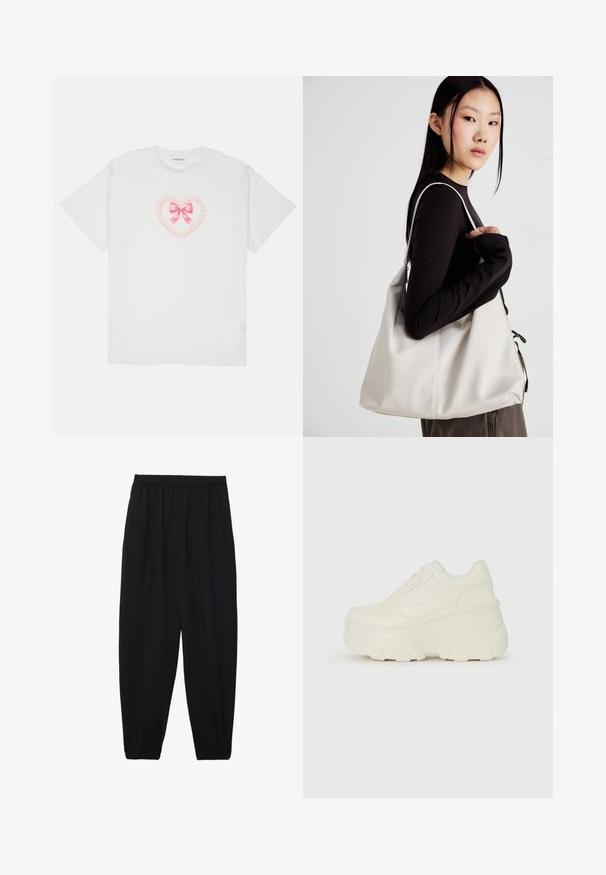 T-shirt de algodão branca com um design de coração rosa, adornado com um laço e detalhes de corrente. Mangas curtas e decote redondo. Textura suave.; Calças pretas, leves, com um cinto elástico e punhos franzidos. O tecido é suave e apresenta um design relaxado e afunilado.; Tênis brancos de plataforma com um cabedal suave semelhante a couro, formato arredondado, colarinho acolchoado e sola de borracha texturizada com ranhuras bem definidas.; Uma bolsa bege feita de material macio, com um design descontraído, detalhes de costura e duas alças para o ombro. Adequada para uso diário.