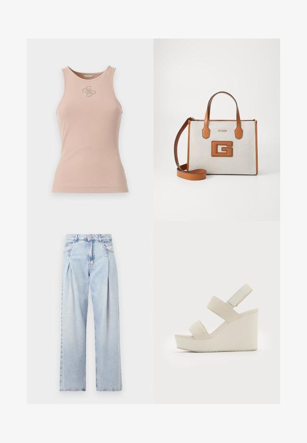 Rosa ribbet tanktop med rund hals, med en metallisk logo detalj på fronten og en tettsittende silhuett.; Lyseblå denimjeans med høy livlinje, vide ben, to sidelommer og plisserte detaljer. Myk tekstur med en falmet finish.; Beige kile-sandaler med to brede stropper og en avsmalnet hæl. Laget av glatt stoff med en teksturert såle. Logo preget på hælen.; Brun og beige håndveske med logo, teksturert stoff, to håndtak og avtagbar skulderrem. Har gullbokstaver og et distinkt G-emblem.