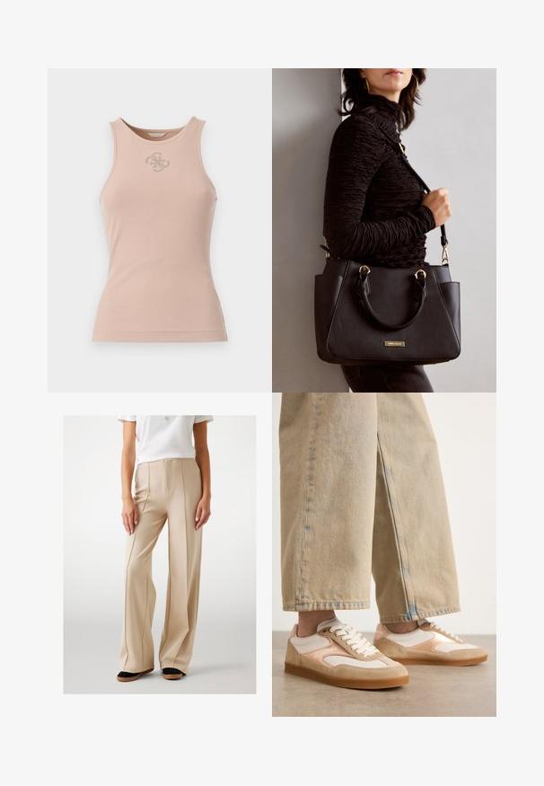 Roze ribben top met een ronde halslijn, voorzien van een metallic logo detail op de voorkant en een getailleerde silhouttem.; Beige wijde broek gemaakt van een gladde stof, met voorplooien en een hoge taille. Gekleed met zwarte en bruine platte schoenen.; Tan en crèmekleurige sneakers met een ontwerp van suede en mesh, voorzien van vetersluiting en rubberen zolen, gecombineerd met tan wijde jeans.; Zwarte handtas met gestructureerd oppervlak, dubbele bovenhandvatten en verstelbare schouderriem. Voorzien van goudkleurige hardware en zijzakken.