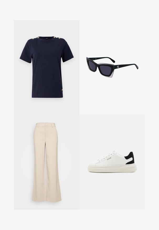 Jūras zila kokvilnas T-kreklu ar īsām piedurknēm, apaļu kakla izgriezumu un zelta pogu akcentiem uz pleciem. Gluda tekstūra, standarta piegriezums un bez rakstiem.; Beigā krāsā platās bikses ar gludu tekstūru, ar augstu jostasvietu un divām priekšējām kabatām. Tīrs dizains ar piegriezumu, kas pielāgots ķermenim.; Baltas ādas sporta apavi ar biezu balto zoli, melna zamša uzpura un izspiestais logotips sānos. Šņorējuma dizains ar sešiem acu caurumiem.; Melni pārmēru saulesbrilles ar ģeometrisku formu, kas aprīkotas ar tumšiem stikliem un kontrastējošu pelēku akcentu uz rāmja. Logo uz kājas.; Sudraba metāla auskari ar gludu, asarveida formu un pulētu apdari. Smalkas gravējumi pievieno detalizāciju. Minimālisma dizains.
