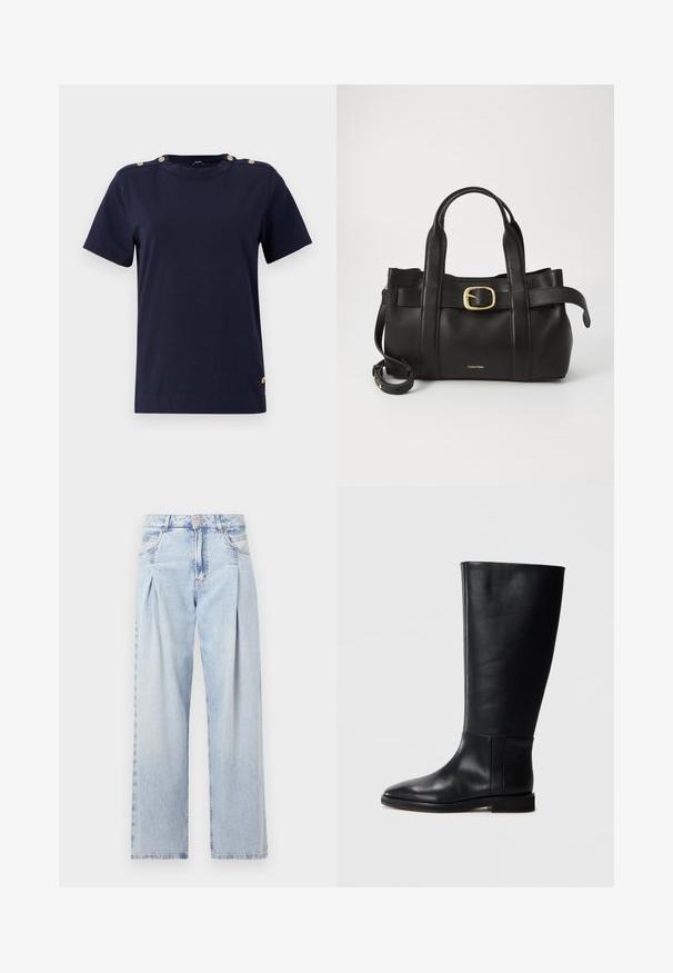 Tumed sinine puuvillane T-särk lühikeste varrukatega, ümmarguse kaelusega ja kuldsete nööpide aktsentidega õlgadel. Sile tekstuur, tavaline sobivus ja ilma mustriteta.; Heledad sinise denimist valmistatud teksapüksid kõrge vöökohaga, laia jala lõikega, kahe külje taskuga ja pleedi disainiga. Pehme tekstuur ja pleekinud viimistlus.; Mustadast mustad nahast põlve kõrgus kingad, ümarate varvastega, siledast tekstuurist, minimalistlikus disainis ja lame tallaga. Lihtsad õmbluse detailid varrel.; Must mustraga nahkakott, millel on struktureeritud disain, kaks ülemist kanda, kuldse tooni pandla aktsent ja esiküljel embosseeritud brändi logo.