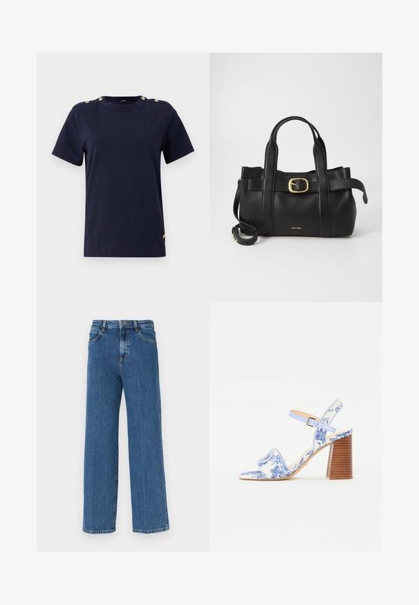 T-paita tummansinisestä puuvillasta, lyhyillä hihoilla, pyöreällä pääntiellä ja kultaisilla nappiakkenteilla olkapäissä. Sujuva materiaali, normaali istuvuus, eikä kuvioita.; Laivansiniset leveät farkut, joissa on haalistunut pinta, viisi-taskuinen muotoilu ja klassinen nappi- ja vetskariyläosa. Rakenteellinen kangas näkyvillä saumoilla.; Sininen kukallinen sandaali, jossa on neliön muotoinen kärki, leveä hihna ja säädettävä nilkkahihna, jossa on teksturoitu puukorko.; Musta nahkakäsilaukku, jossa on struktuurinen muotoilu, kaksoiskahvat, kultasävyinen solkiaksentti ja kohokuvioitu brändilogo edessä.