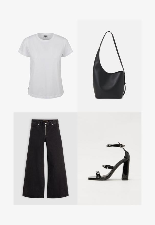 Hvid bomulds T-shirt med klassisk rund halsudskæring, korte ærmer og lige kant. Har et mærke med "URBAN CLASSICS" i sort.; Vide ben jeans i sort denim med lynlås foran, fem lomme-design og subtile stikninger. Glat tekstur og afslappet stil.; Sorte patenterede hælsandaler med firkantet tå, ankelremme og sølvspænder. Har en chunky blokHæl for stabilitet.; Sort læder hobo taske med en glat overflade, buet form og en enkelt justerbar rem; har en bred åbning øverst.