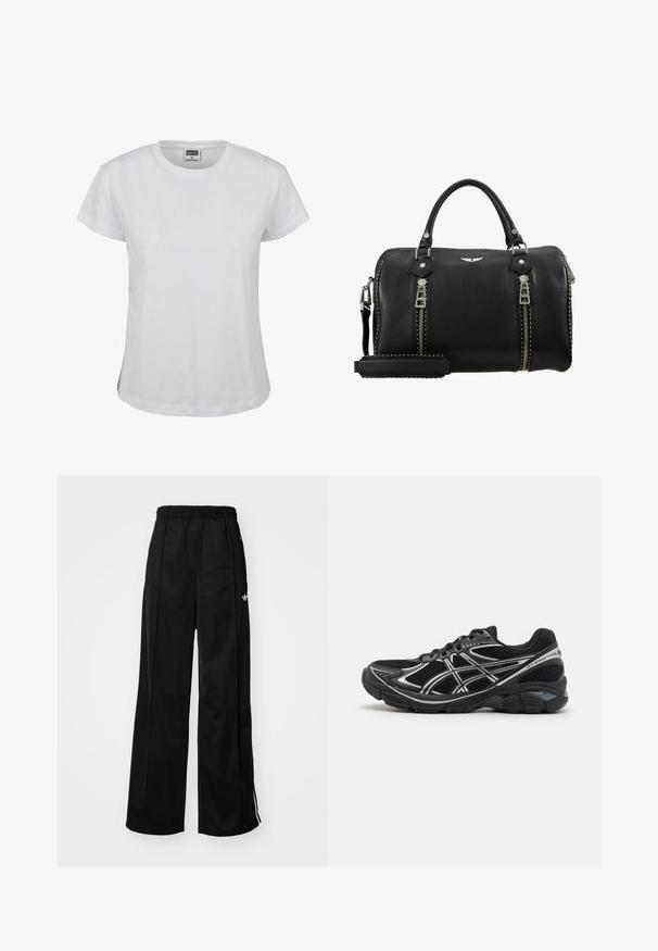 Weißes Baumwoll-T-Shirt mit klassischem Rundhalsausschnitt, kurzen Ärmeln und geradem Saum. Mit einem Etikett, auf dem "URBAN CLASSICS" in Schwarz steht.; Schwarze weiter Schnitt Jogginghose mit elastischem Bund, mit weißen Seitenstreifen und kleinem Logo auf der linken Hüfte. Glatte Stofftextur.; Schwarze Sport Schuhe mit grauen Akzenten, Obermaterial aus Mesh-Gewebe, gepolsterte Sohle und eine strukturierte Gummisohle. Verfügt über ein schlankes Design.; Schwarze Lederhandtasche mit doppelten silbernen Reißverschlüssen, oberen Griffen, verstellbarem Tragegurt und Nietenakzenten entlang der Kanten. Mit strukturiertem Finish.