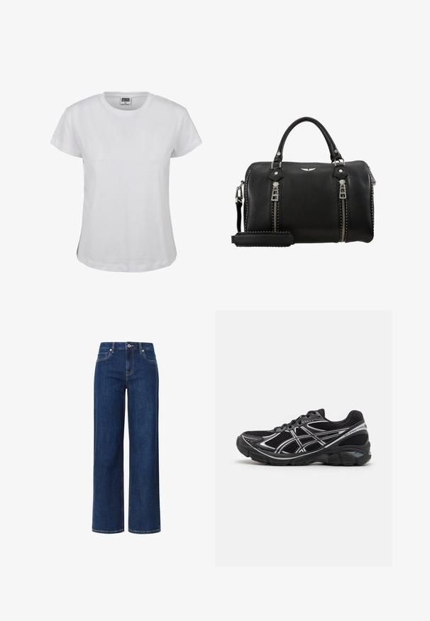Weißes Baumwoll-T-Shirt mit klassischem Rundhalsausschnitt, kurzen Ärmeln und geradem Saum. Mit einem Etikett, auf dem "URBAN CLASSICS" in Schwarz steht.; Weite Jeans in dunkelblauem Denim mit glatter Textur, ausgestattet mit einem Knopf- und Reißverschluss, fünf Taschen und kontrastierenden Nähten.; Schwarze Sport Schuhe mit grauen Akzenten, Obermaterial aus Mesh-Gewebe, gepolsterte Sohle und eine strukturierte Gummisohle. Verfügt über ein schlankes Design.; Schwarze Lederhandtasche mit doppelten silbernen Reißverschlüssen, oberen Griffen, verstellbarem Tragegurt und Nietenakzenten entlang der Kanten. Mit strukturiertem Finish.