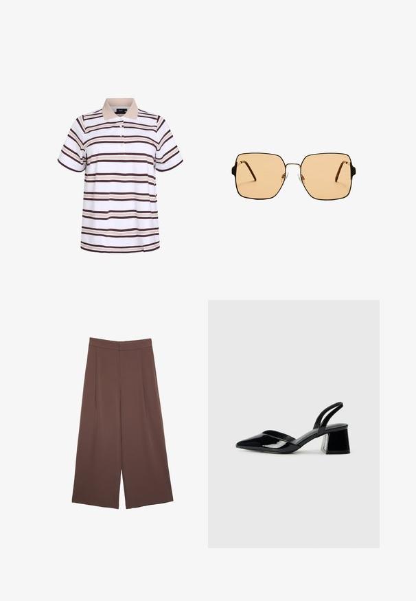 Polo shirt med korte ærmer, fremstillet af hvidt stof med brune og beige vandrette striber. Krave med tre knapper.; Brune bredbunde bukser med en glat tekstur, der har høj talje og plisseringer foran. Stoffet er let og falder løst.; Sorte patentlæder slingback hæle med spids tå og en geometrisk blok hæl. Har et elegant, minimalistisk design og en glat tekstur.; Firkantede solbriller med brune linser og en tynd sort metalramme. Har skrå templer og justerbare næsepuder for komfort.; Sort læder hobo taske med en glat overflade, buet form og en enkelt justerbar rem; har en bred åbning øverst.