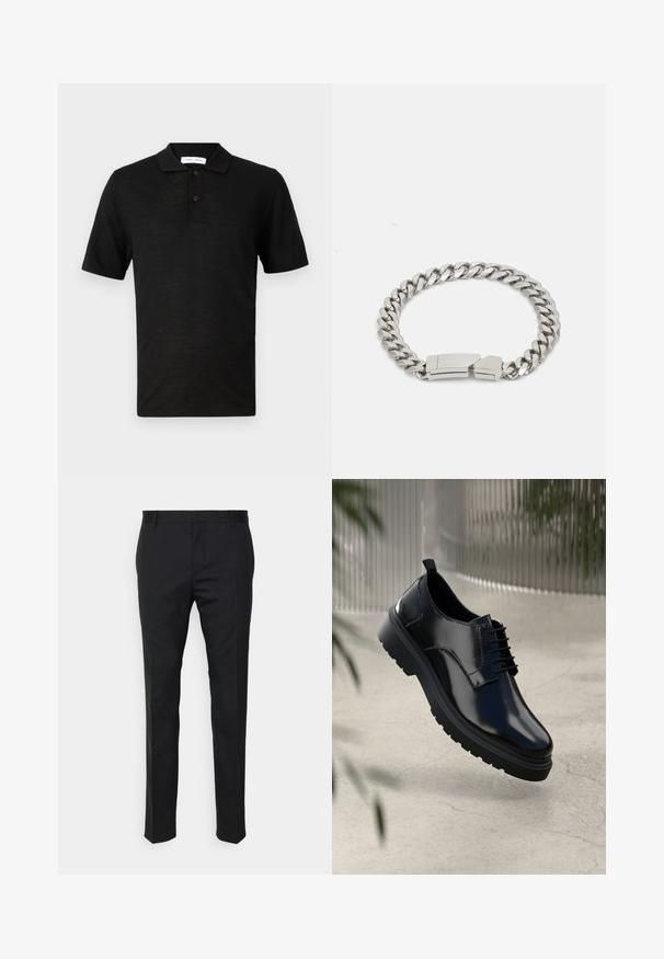 Samsøe Samsøe ROWAN - Polo - black; Pantalones negros ajustados con corte recto, hechos de tejido suave. Presentan trabillas y detalle de pliegue en la parte frontal.; Zapato de cuero negro con un acabado brillante, puntera redonda, diseño de cordones, costuras de contraste y una suela de goma gruesa con patrones de tracción.; Calvin Klein ELECTRIC - Pulsera - silver-coloured
