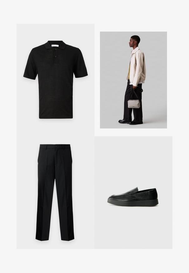 Samsøe Samsøe ROWAN - Polokošeľa - black; Čierne oblekové nohavice so strihom rovného strihu, s gombíkovým zapínaním, zipsom a pútkami na opasok. Hladká tkanina so bočnými vreckami.; Calvin Klein HYBRID CUP - Našuchovačky - triple black; Svetlou béžová bunda s elastickým lemom, v kombinácii so zelenou košeľou a čiernymi nohavicami. Nosiaca malú šedú kabelku cez telo. Čierne topánky.