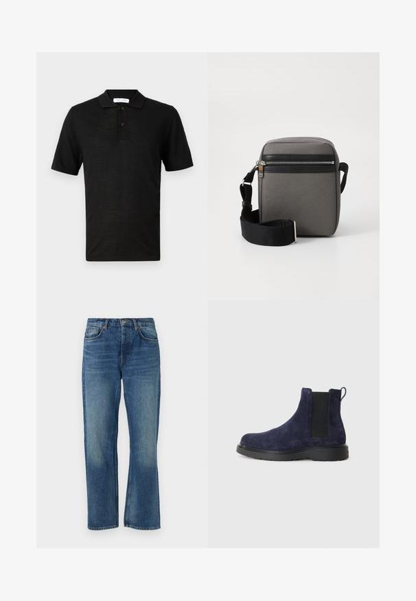 Samsøe Samsøe ROWAN - Polosärk - black; Sinine denimist teksad sirge lõikega, klassikalise viie tasku disainiga, vintage keerdumise tekstuuriga ja pronksist niidipunktide aktsentidega.; Tumesinine nahast Chelsea saapad elastsete külgpaelte ja tõmbluku abil. Must kummist tald tekstuuriga viimistlusega, et tagada haarduvus ja vastupidavus.; Hallita halli kangas üle õla kott, millel on must vetske tasku, reguleeritav rihm ja ristkülikuline kuju. Omab siledat pinda ja metallist riistu.