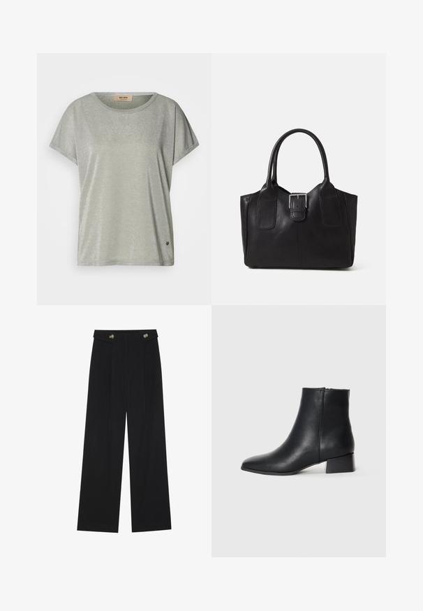 Heledane, lühikeste varrukatega särk, millel on kerge sära, ümar kaelus ja logo detail allosas. Pehme kangas, millel on mugav lõige.; Mustad laiad püksid kõrge vöökoha ja nööpdetailidega vööandil, esikortsudega.; Must mustreboot, mille näpaga ja madala plokknäidisega, sileda tekstuuri ja minimalistikuga disainiga.; Mustgamma nahast kott, millel on sile tekstuur, struktureeritud kuju, kaks käepidet ja esiküljel silmapaistev hõbedane pandla detail.