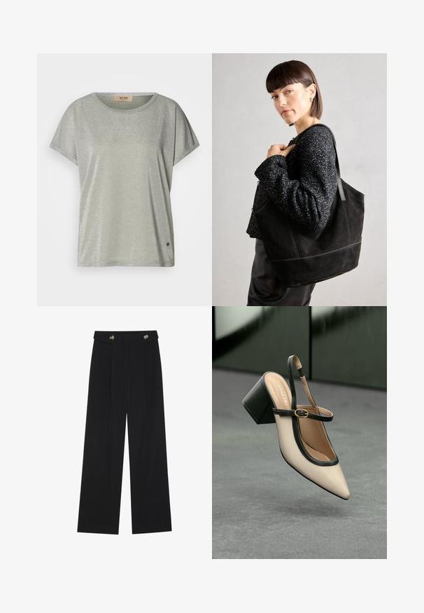 Lichtgroen, kortekorte mouwen shirt met een subtiele glans, ronde hals en een logo accent op de zoom. Zachte stof met een relaxte pasvorm.; Zwarte wijde broek met hoge taille, knoopdetails op de tailleband en plooien aan de voorkant.; Beige slingback pump met hoge hak, puntige neus, zwarte bies en gespsluiting. Glad materiaal met een matte afwerking, middelhoge blokhak.; Zwarte suede schoudertas met een gladde textuur, gestructureerde vorm en contrasterende stiksels. Voorzien van lange hengsels voor schouderdraag.