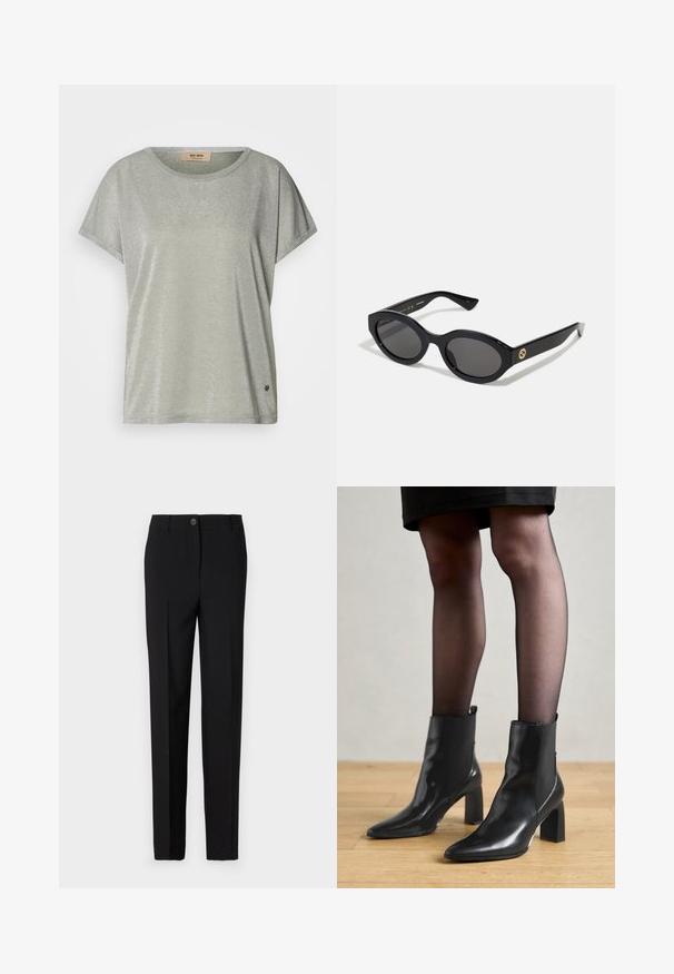 Hellgrünes, kurzärmeliges Shirt mit subtiler Glitzeroptik, Rundhalsausschnitt und Logopatch am Saum. Weicher Stoff mit lockerer Passform.; Schwarze, maßgeschneiderte Hose mit geradem Bein, ausgestattet mit einem Knopfverschluss und Gürtelschlaufen, aus glattem Stoff gefertigt.; Schwarze Leder-Ankle-Boots mit spitzer Zehenform, klobigem quadratischem Absatz und schlankem Design. Verfügt über elastische seitliche Einsätze für leichtes An- und Ausziehen.; Schwarze ovale Sonnenbrille mit dunklen Gläsern und glänzendem Kunststoffrahmen. Mit goldenem Logo am Bügel, das ein elegantes und modernes Design bietet.; Blau gemusterte Handtasche aus Stoff, mit geschwungener Form, schwarzem Ledergriff und Logo-Design in einem helleren Farbton.