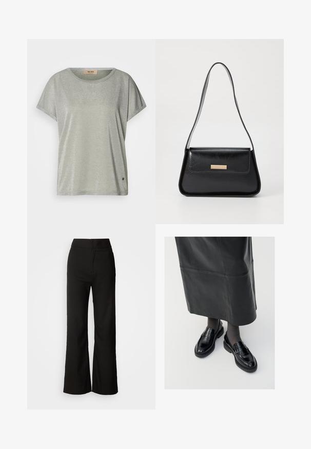 Svetlozelená, krátkopyjjová košeľa s jemným leskom, okrúhlym výstrihom a akcentovaným logom na leme. Mäkký materiál s voľným strihom.; Čierne široké nohavice s hladkou textúrou, vysokým pásom a jednoduchým dizajnom. Žiadne viditeľné vrecká ani ozdoby.; Čierne kožené poltopánky s hladkým povrchom, s dekoratívnym pásikom, okrúhlou špičkou a textúrovanou podrážkou. Nosené s dlhou čiernou koženou sukňou.; Čierna kožená kabelka so štruktúrovaným trojuholníkovým tvarom, štíhlym popruhom a zlatými kovovými detailami, ktoré obsahujú logovú plaketu na prednej klapke.; Zlaté kruhové náušnice s textúrovaným, nepravidelným tvarom. Majú bezšvové uzatváranie a lesklý povrch, čo podčiarkuje moderný dizajn.