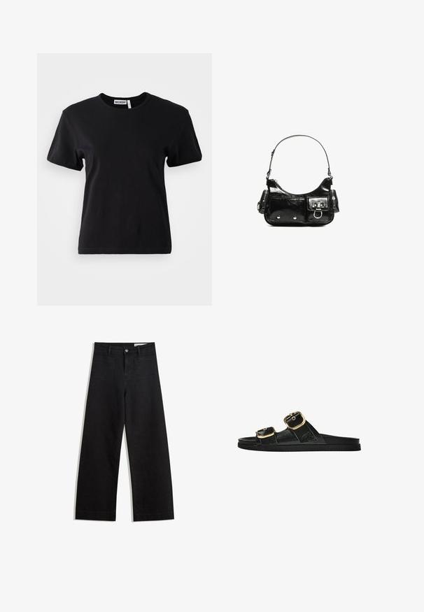 Svart bomullsblandad t-shirt med rund hals, korta ärmar och en avslappnad passform. Etiketten visar "WEEKDAY" på insidan av halsen.; Svarta vida denimbyxor med hög midja, med fram- och bakfickor, sydda sömmar och knappstängning. Slät textur.; Svart glidsandal med två guldfärgad spännen, slät textur av material, platt sula och en minimalistisk design.; Svart lackläderhandväska med en rundad form, en axelrem, framfickor och detaljer i silverfärg.