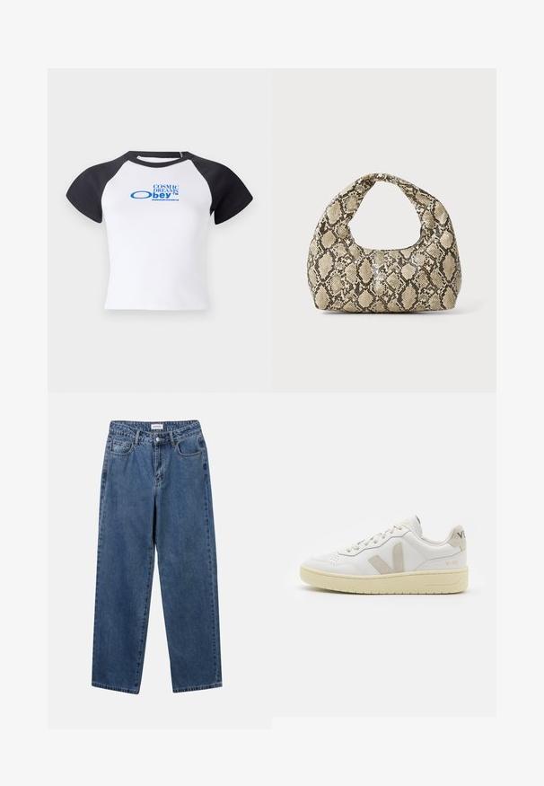 T-shirt branca de manga curta com mangas raglan pretas, apresentando um texto gráfico azul "COSMIC DREAMS obey™" na frente.; Jeans de denim azul clássicos com um design de perna reta, cinco bolsos e fecho de botão. Apresenta um tratamento médio e uma textura resistente.; Sapatilha de couro branca com detalhes em camurça bege, biqueira perfurada, atacadores planos e sola texturizada creme. Apresenta uma marcação subtil no calcanhar.; Bolsa com padrão de pele de cobra e uma alça curva. Feita de materiais texturizados em bege e castanho, apresentando um padrão de diamante distintivo.