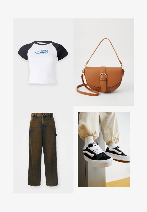 Hvit t-skjorte med korte ermer og svarte raglan-ermer, med en blå grafisk tekst "COSMIC DREAMS obey™" på fronten.; Videbukser laget av denim, med en falmet mørkebrun farge og lysere detaljer, klassisk fem-lommers design og knappelukking.; Sorte og hvite semskede sneakers med flate hvite snørebånd, teksturerte gummisåler og sidestroppedesign. Brukt med kremfargede tapered bukser.; Brun lærcrossbody-veske med en buet form, gullhardware og et spenneakcent. Har en avtakbar skulderreim.
