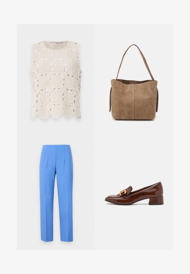 Heegeldatud beež ilma varrukateta pluus, millel on ringikujulised mustrid ja laineline äär, valmistatud kergest materjalist avatud kujundusega.; Valge nööbiga pluus rippuva kraega, millel on vertikaalsed triibud ja tekstureeritud materjal. Omab elastset puffvarrukat, millel on pitsist äär.; Sinise pritsiga külgmiste voldikutega stiled püksid, mis on valmistatud siledast kangast ja millel on sirge lõige ning puhas vöökoht. Ei mingeid nähtavaid metallosi ega mustreid.; Pruunid nahast loafersid läikiva viimistlusega, esiosal dekoratiivne kuldne pannal ja madal plokk konts. Klassikaline disain.; Pruunest suede'ist valmistatud käekott pehme tekstuuriga, avatud ülemise osa ja ühe õlarihmaga. Omab sujuvat viimistlust ja minimaalset detaili.