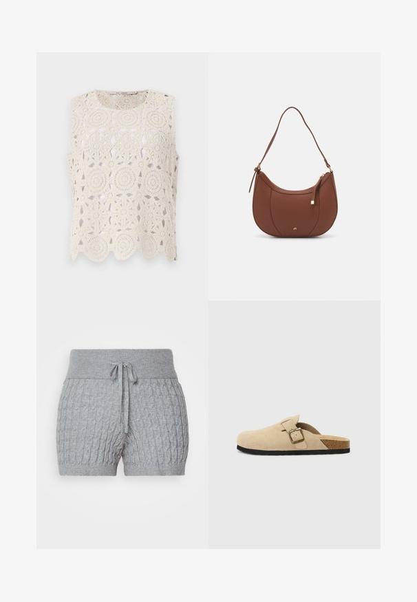 Szydełkowy beżowy bezrękawnik z okrągłymi wzorami i falbaniastym dołem, wykonany z lekkiego materiału o otwartym kroju.; Szare krótkie spodenki dzianinowe z teksturowanym wzorem, posiadające prążkowany pas i regulowany sznurek. Krótka długość, miękki materiał.; Beżowe zamszowe klapki z korkową wkładką, zaokrąglonym noskiem i prostym paskiem z złotym zapięciem. Gumowa podeszwa zapewniająca przyczepność.; Brązowa torebka na ramię z eko-skóry o zaokrąglonym kształcie, z minimalnym przeszyciem i złotym akcentem na okuciach. Posiada zamek błyskawiczny u góry oraz regulowany pasek.