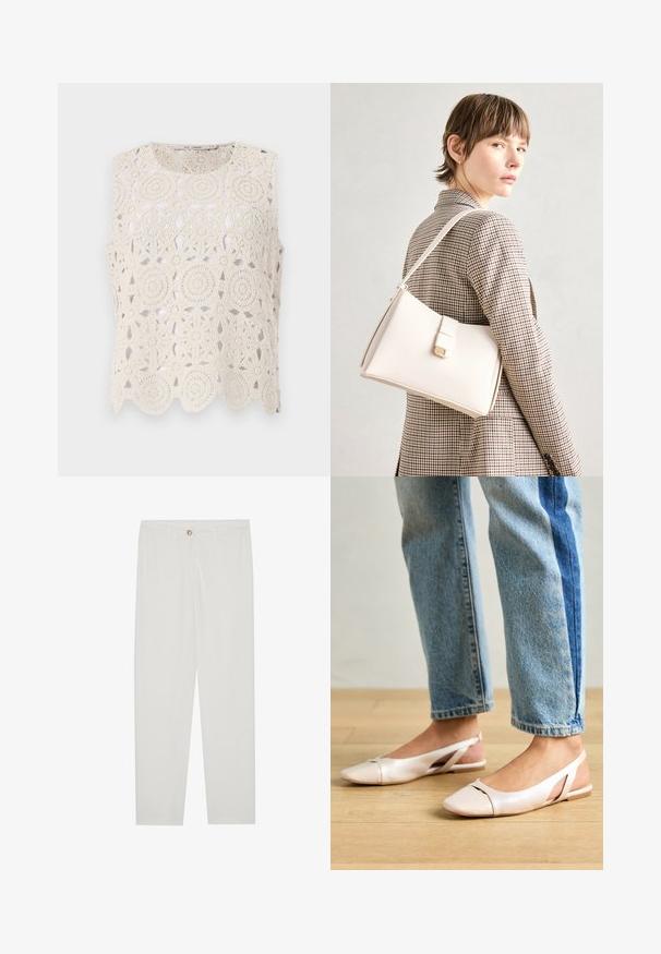 Top bej croșetat fără mâneci, cu modele circulare și tiv ondulat, realizat dintr-un material ușor, cu un design deschis.; Pantaloni albi, croiți, cu un design drept al piciorului, având sistem de închidere cu nasture, bucle pentru curea și buzunare laterale; textură de țesătură netedă.; Sandalete plate de un roz pal cu vârf ascuțit, realizate dintr-un material asemănător pielii, neted. Prezintă detalii decupate pe laterale și un toc plat.; Geantă de mână din piele albă cu un design structurat, având o închidere magnetică și un breteau, expusă pe un fundal neutru.