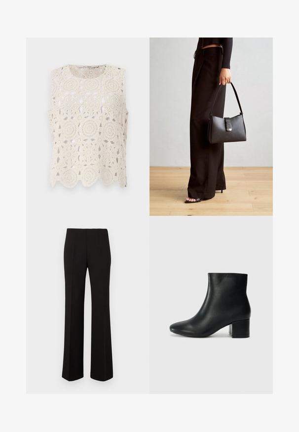 Heklet beige utenermet topp med sirkulære mønstre og bølgekant, laget av lett materiale med åpen design.; Svarte skreddersydde bukser med rette ben, høy midje og framfalter, vist mot en enkel bakgrunn.; Sorte skinn ankelsko med spiss tå og chunky hæl. Glatt tekstur med minimale detaljer og et elegant, tettsittende design.; Svart håndveske med strukturert form, jevn tekstur og metallisk lås. Kombinert med brede svarte bukser og sandaler med åpen tå på tregulv.