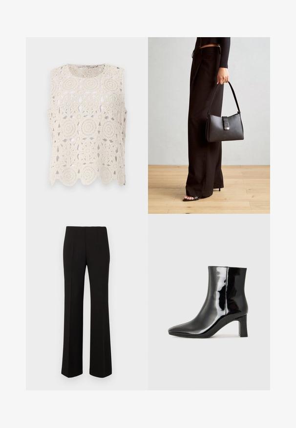 Háčkovaný béžový top bez rukávů s kruhovými vzory a vlnkovaným lemem, vyrobený z lehkého materiálu s otevřeným designem.; Černé elegantní kalhoty rovného střihu s vysokým pasem a předními záhyby, vystavené na jednobarevném pozadí.; Černé lakované kotníkové boty s špičatou špičkou a středně vysokým blokovým podpatkem. Hladká textura a minimalistický design.; Černá kabelka se strukturovaným tvarem, hladkým povrchem a kovovým uzávěrem. Kombinována s širokými černými kalhotami a sandály s otevřenou špičkou na dřevěné podlaze.