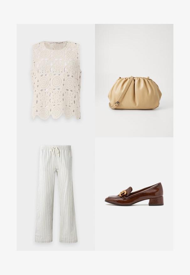 Top beige senza maniche realizzato all'uncinetto, caratterizzato da motivi circolari e orlo a onde, realizzato in un materiale leggero con un design aperto.; Pantaloni bianchi con coulisse, caratterizzati da sottili righe verticali blu e una vita elastica, mostrati frontalmente su uno sfondo neutro.; Mocassini in pelle marrone con finitura lucida, caratterizzati da una fibbia dorata decorativa sulla parte anteriore e un tacco basso a blocco. Design classico.; Borsa a tracolla in pelle color cuoio con design plissettato, tracolla regolabile e forma arrotondata. Branding minimalista sulla superficie frontale.