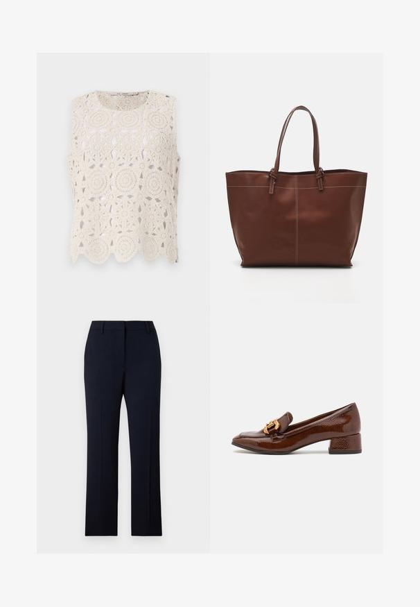 Szydełkowy beżowy bezrękawnik z okrągłymi wzorami i falbaniastym dołem, wykonany z lekkiego materiału o otwartym kroju.; Granatowe spodnie o prostym kroju, uszyte z gładkiego materiału. Zawierają szlufki na pasek, kieszenie z przodu oraz czysty design pasa.; Brązowe skórzane loafersy o błyszczącym wykończeniu, z dekoracyjnym złotym zapięciem z przodu i niskim obcasem. Klasyczny design.; Brązowa skórzana torba na ramię z podwójnymi uchwytami, charakteryzująca się kontrastowym przeszyciem i przestronnym designem, idealna do codziennego użytku.