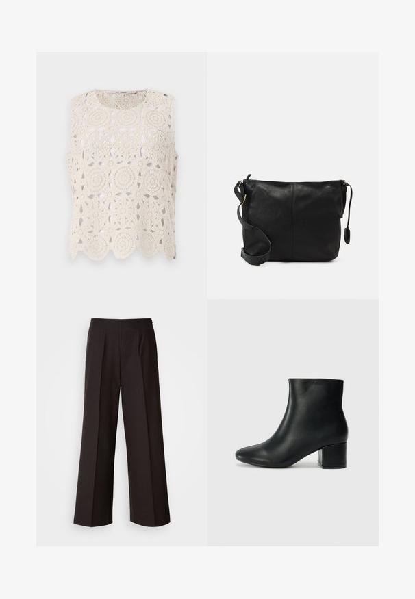 Crocheted beige sleeveless top featuring circular patterns and scalloped hem, made from lightweight material with an open design.; Black wide-leg trousers with a flat front, pleats, and a smooth fabric texture. Features a high waist and tailored cut for a structured fit.; Black leather ankle boots with a pointed toe and a chunky heel. Smooth texture with minimal accents and a sleek, fitted design.; Black leather crossbody bag with a flat shape, gold hardware accents, and an adjustable strap. Smooth texture with minimal stitching details.