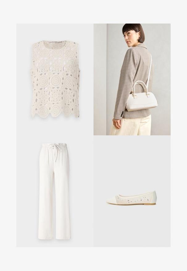 Háčkovaný béžový bezrúchový top so zakrivenými vzormi a vlnitým lemom, vyrobený z ľahkého materiálu s otvoreným dizajnom.; Biele široké nohavice vyrobené z mäkkej tkaniny, s elastickým pásom so šnúrkou a hladkým povrchom. Žiadne vzory ani ozdoby nie sú viditeľné.; Biele ploché topánky s špicatou špičkou z krémovej kože s priehľadným zvrškom posiatym kamienkami. Mäkká podrážka pre pohodlie, minimalistický dizajn.; Biela štruktúrovaná kabelka s krátkymi rúčkami a ramenným popruhom, s zlatými kovovými prvkami a textúrovaným materiálom, vystavená na šedom pozadí.