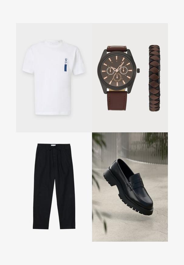 Fehér pamut póló rövid ujjakkal, bal oldalon a mellen sötétkék grafikával, melyen az "EST 2007" felirat található. Egyszerű kialakítás.; Pier One Vászonnadrágok - black; Fekete bőr loaferek masszív talppal, díszes pánttal és varrási részletekkel. Simább textúrájú, fényes felületű.; Pier One SET - Karóra - black/brown