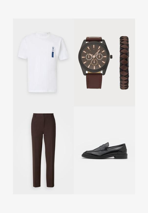 Bijela pamučna majica s kratkim rukavima koja s lijeve strane prsnog dijela ima grafiku u tamnoplavoj boji s natpisom "EST 2007." Jednostavan dizajn.; Smeđe hlače s ravnim krojem, s jednim prednjim plisom, zatvaranjem na dugme i glatkom teksturom tkanine.; Crne kožne mokasine s glatkom površinom, s okruglim vrhom i uskim pojasom preko gornjeg dijela. Nizak slojeviti potplat.; Pier One SET - Ručni sat - black/brown