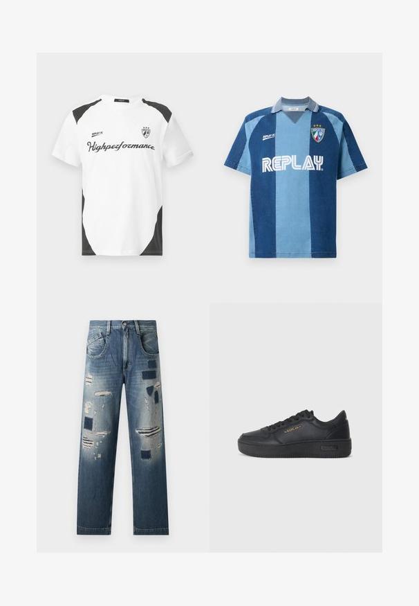 Biela tričko s krátkymi rukávmi a čiernymi akcentmi. Obsahuje logo "REPLAY FC" a text "Highpeformance" v športovom písmene. Vyrobené z hladkého materiálu.; Jersey inšpirovaný džínsami s krátkymi rukávmi, s tmavomodrým a svetlomodrým pruhovaným dizajnom, V-krkom a výrazne vyobrazeným logom "REPLAY".; Džínsy s poškodenými náplasťami a rôznymi odtieňmi modrej, s rovnými nohavicami a tradičným dizajnom s piatimi vreckami.; Replay EPIC HIGH - Tenisky - black