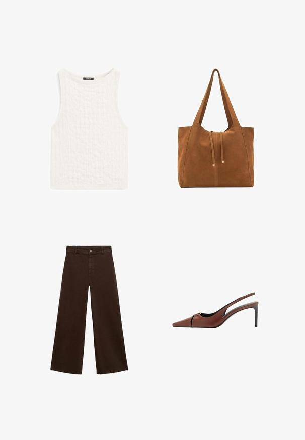 White sleeveless top made of textured fabric with a subtle pattern. Features a round neckline and a straight cut hem.; Brown wide-leg trousers in cotton blend, featuring a frayed hem, front button closure, and classic five-pocket design. Minimalistic and versatile.; Brown leather slingback heel with a pointed toe, cutout detail at the vamp, and a sleek stiletto heel. Smooth texture.; Brown suede tote bag with two long straps, drawstring closure, and minimalistic design. Smooth texture and no visible hardware accents.