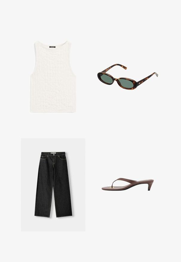 White sleeveless top made of textured fabric with a subtle pattern. Features a round neckline and a straight cut hem.; Black denim wide-leg jeans featuring five pockets, metal button and zipper closure, and contrasting yellow stitching along the seams.; Brown heeled flip-flop sandal with a slender strap and rounded toe post, featuring a small gold accent on the footbed.; Tortoiseshell sunglasses with oval frames and green lenses. Features thin arms with a metallic accent near the hinges.