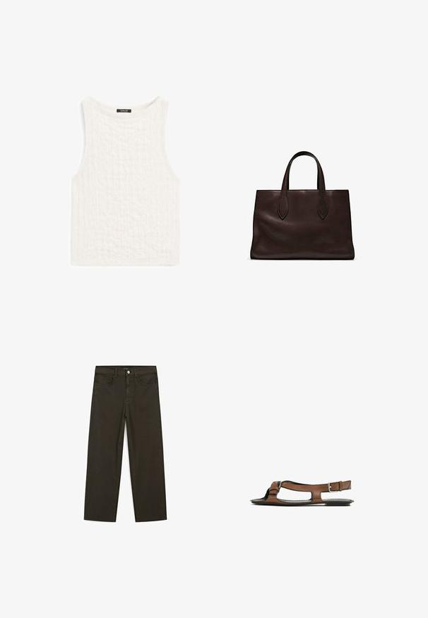 Top bianco senza maniche realizzato in tessuto testurizzato con un motivo delicato. Presenta un colletto rotondo e un orlo dritto.; Jeans a gamba larga di colore verde scuro, realizzati in tessuto misto cotone, dotati di chiusura con bottone frontale, cinque tasche e cuciture classiche in denim.; Sandal in pelle marrone con punta aperta e ritagli laterali. Presenta una fascia alla caviglia con una fibbia metallica e una suola piatta.; Borsa a spalla in pelle marrone con due manici lunghi, forma rettangolare strutturata, texture liscia e dettagli di cucitura sottili.