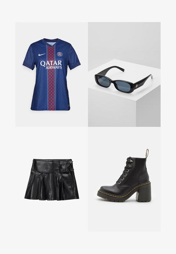 Futbalový dres Paris Saint-Germain v modrej farbe s červenými a bielymi geometrickými vzormi, s okrúhlym výstrihom, krátkymi rukávmi a logom na hrudi.; Čierna kožená sukňa s sklady, širokým pásom a dvoma prackami na boku. Hladká textúra s lesklým povrchom.; Čierne kožené členkové topánky s hrubým vysokým podpätkom, šnurovaním vpredu, kovovými očkami a žltým prešívaním pozdĺž podrážky. Štruktúrovaná gumová podrážka.; Čierne obdĺžnikové slnečné okuliare s tónovanými modrými šošovkami, robustným rámom a zlatým kruhovým akcentom po boku. Elegantný, lesklý povrch.; Bordová kabelka vyrobená z umelého materiálu so štruktúrovaným dizajnom, s odnímateľným popruhom a kvetinovou šatkou zviazanou na držadle.