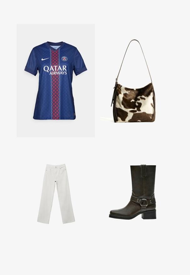 Futbalový dres Paris Saint-Germain v modrej farbe s červenými a bielymi geometrickými vzormi, s okrúhlym výstrihom, krátkymi rukávmi a logom na hrudi.; Biele denimové nohavice s širokými nohavicami a vysokým pásom, so strihom na päť vreciek a tónovou niťou. Zapínanie na gombík a zips. Hladká textura.; Hnedá kožená členková obuv so štvorcovým špičkou, krátkym blokovým podpätkom a dekoratívnym remienkom s prackou a strieborným kováním. Hladká textúra, jednoduchý dizajn.; Hnedo-krémová kravská koža cez plece s hladkým koženým remienkom, zipsovým uzáverom a mäkkým, textúrovaným povrchom s prírodným vzorom.